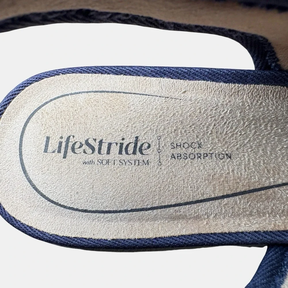 LifeStride Navy Floral Lace Slingback Espadrille Wedge Shoes Women's 9.5 Comfort